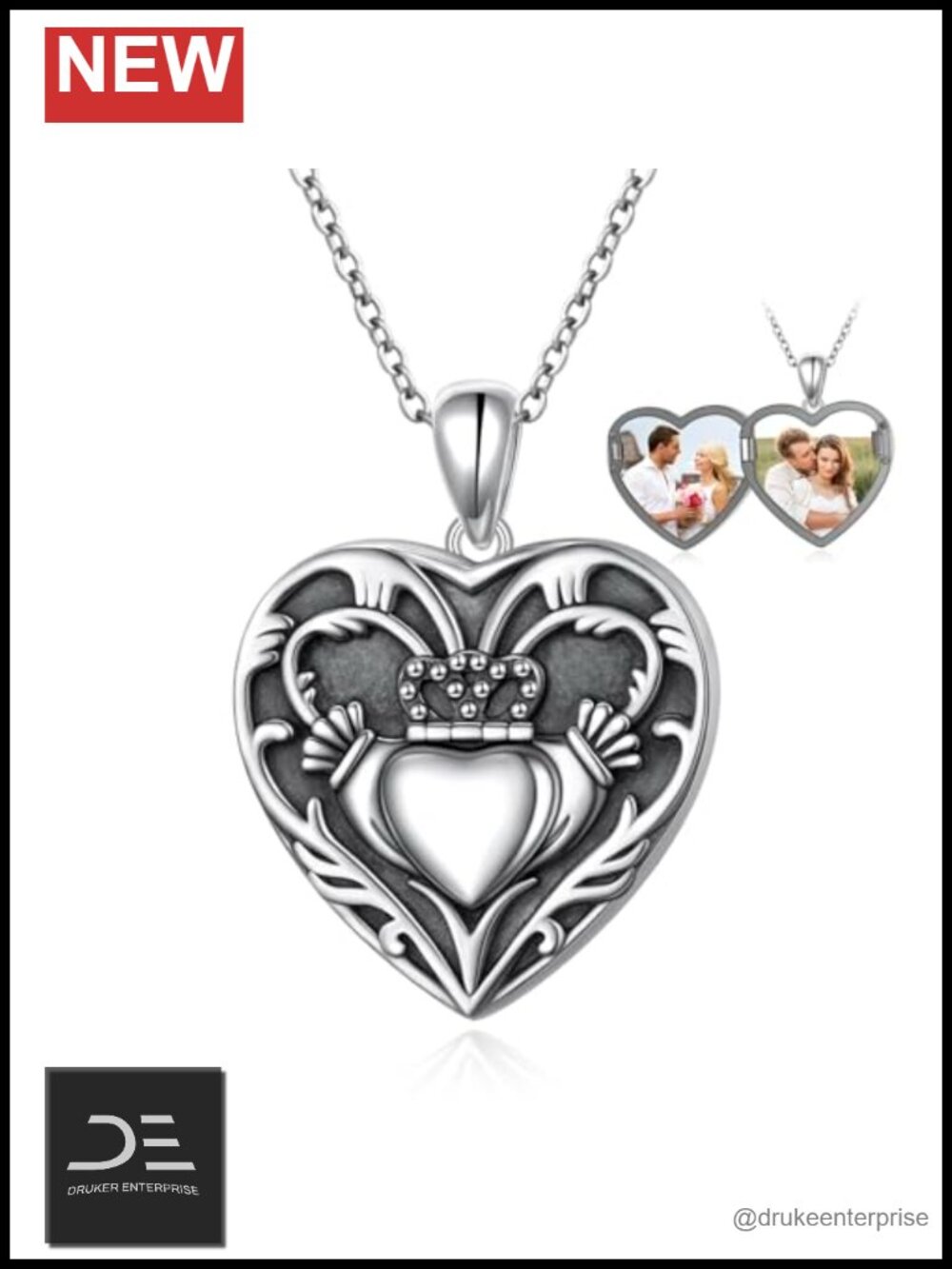 925 Sterling Silver Irish Claddagh Locket Necklace Photo Pendant